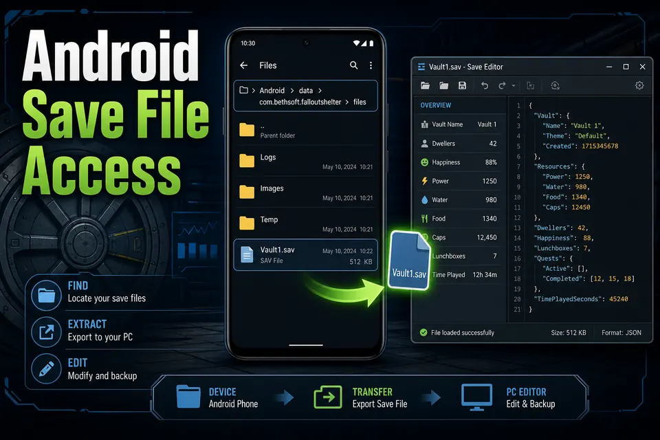 Android Fallout Shelter save file workflow showing Vault1.sav inside the app data folder