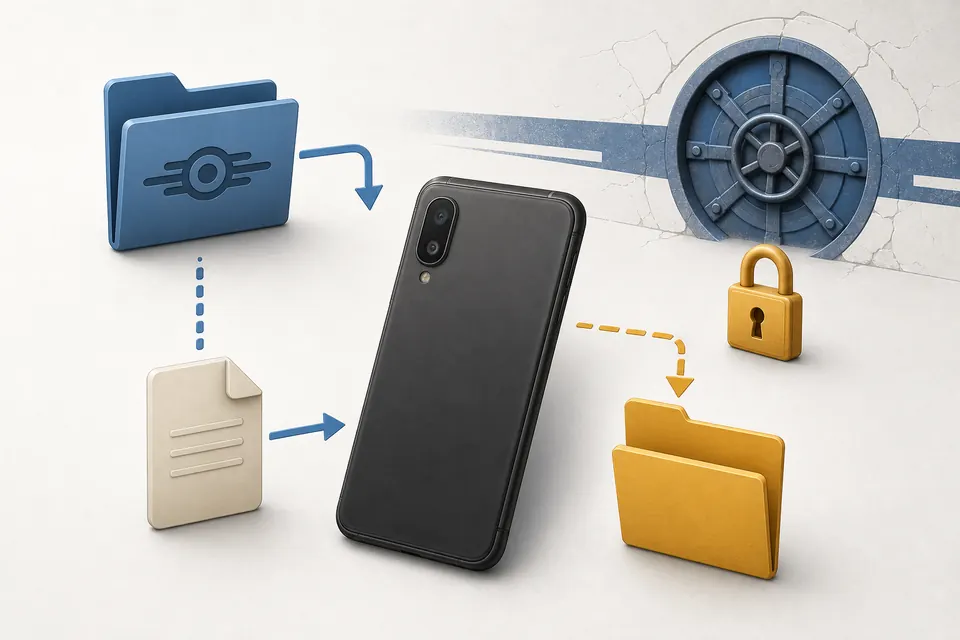 Editorial illustration of an Android phone, save file, folders, and backup lock