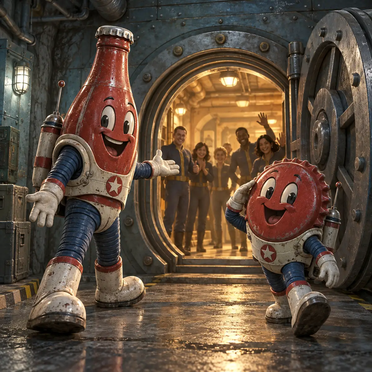 Illustration of Bottle and Cappy visiting a Fallout Shelter vault entrance