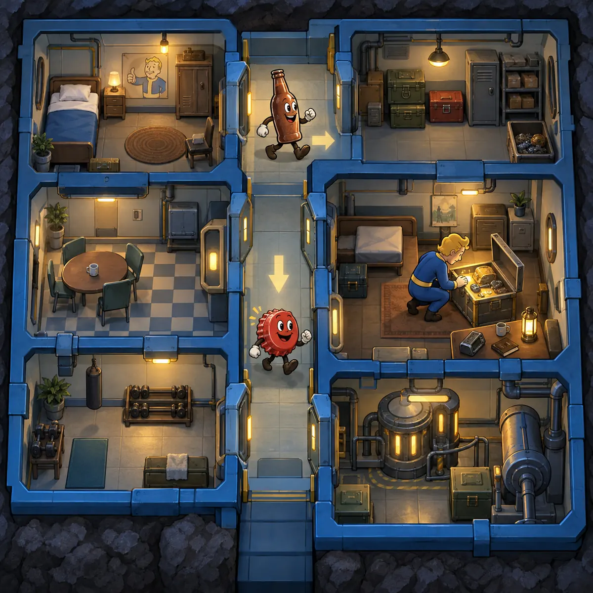 Illustration of Bottle and Cappy moving through a vault while a resident checks a reward chest