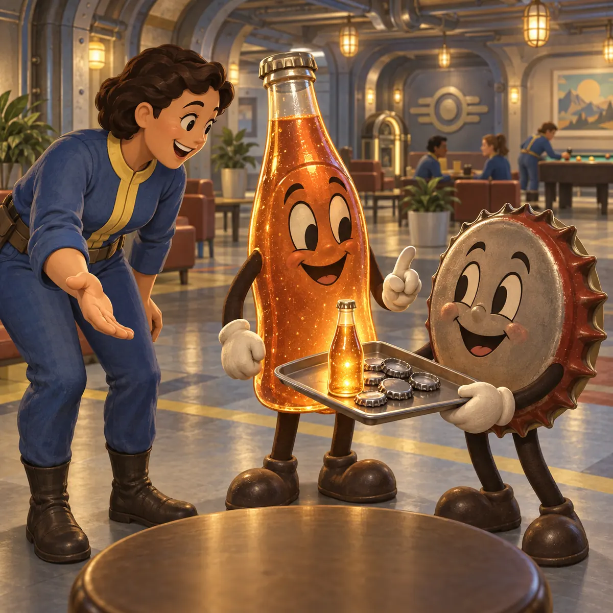 Illustration of a vault resident receiving caps and a glowing bottle during a Bottle and Cappy visit