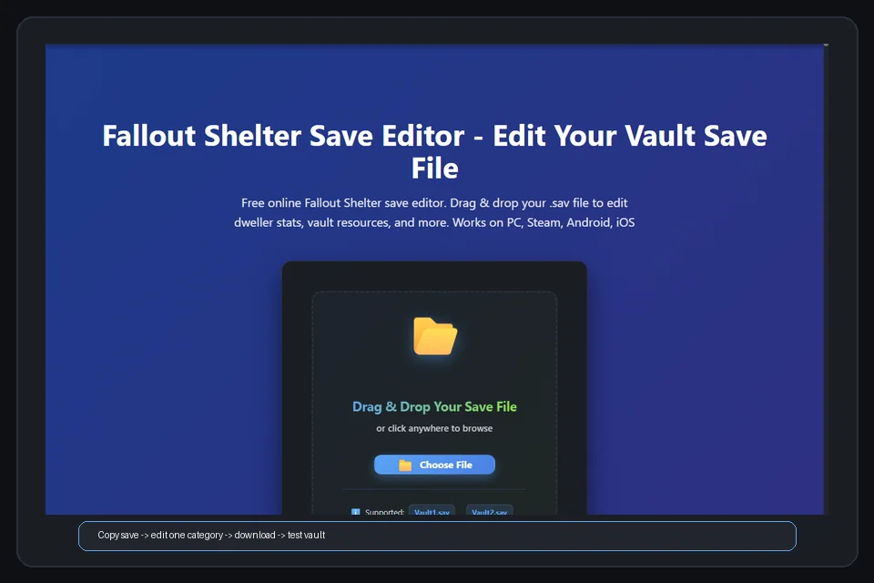 Fallout Shelter browser save editor workflow for editing vault resources and dwellers safely