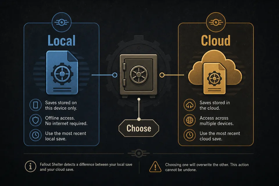 Editorial comparison of local Fallout Shelter save and cloud save conflict choices