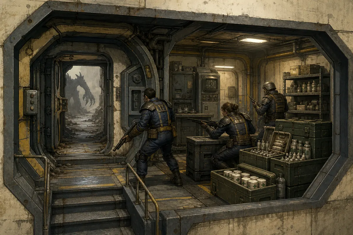 Editorial concept illustration of a prepared Fallout Shelter vault entrance facing a Deathclaw