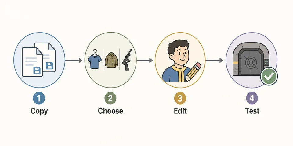Four-step Fallout Shelter equipment editing workflow: copy, choose, edit, test