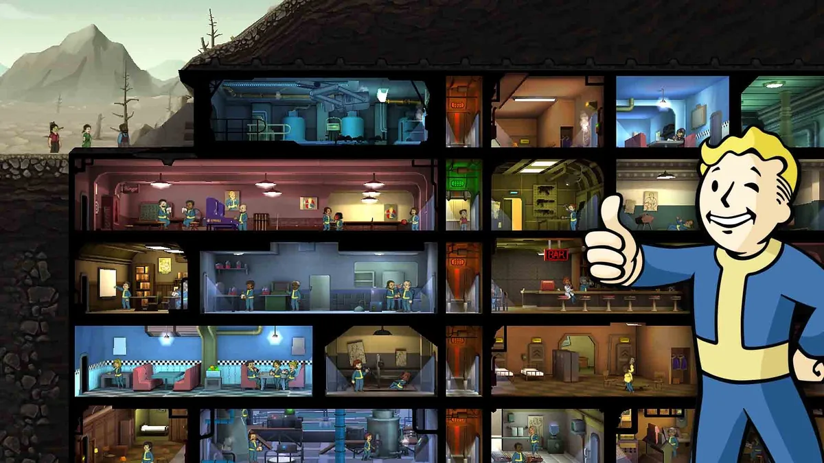 Official Fallout Shelter screenshot showing a compact multi-floor vault layout