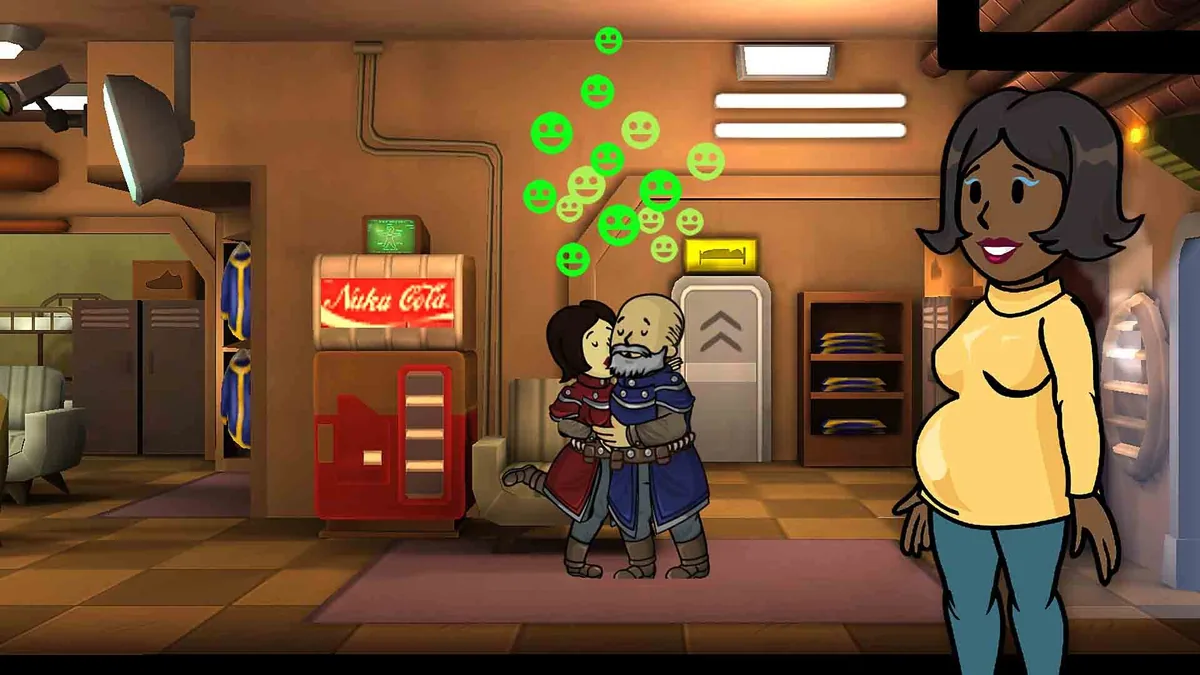 Official Fallout Shelter screenshot showing happy dwellers inside a vault room