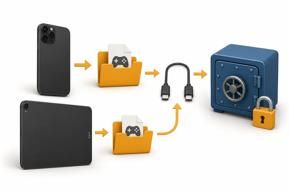 Editorial illustration of an iPhone, iPad, save file, cable, and backup vault