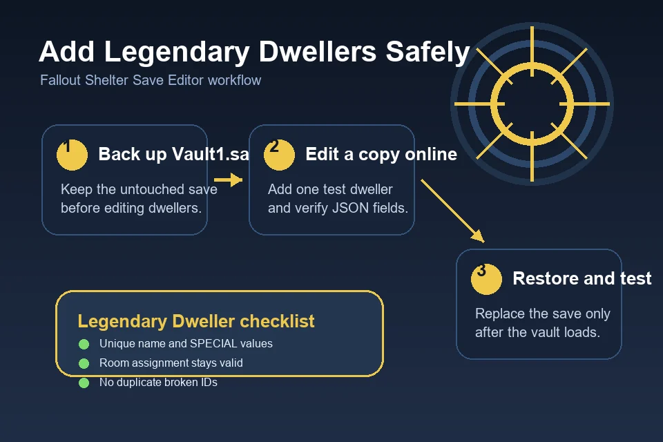 Fallout Shelter save editor legendary dweller workflow with backup, editing copy, and restore checklist