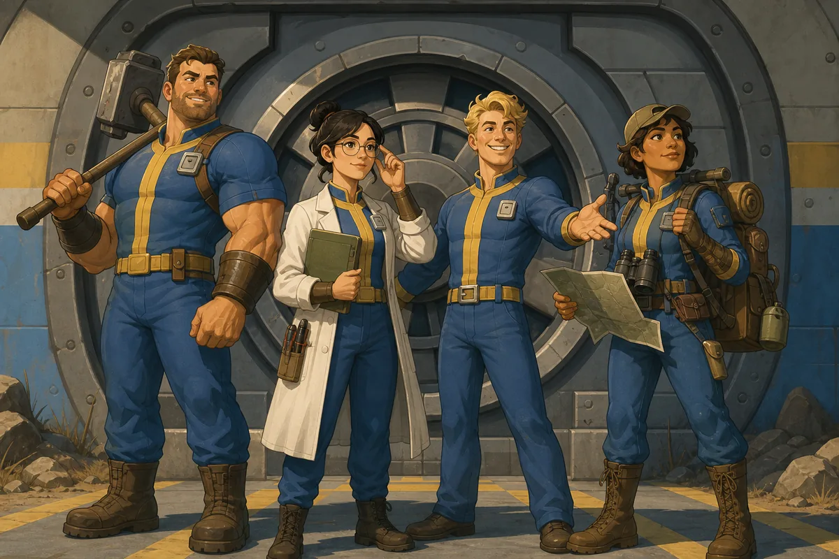 Editorial illustration of four distinctive Fallout Shelter dwellers prepared for vault, quest, and wasteland roles