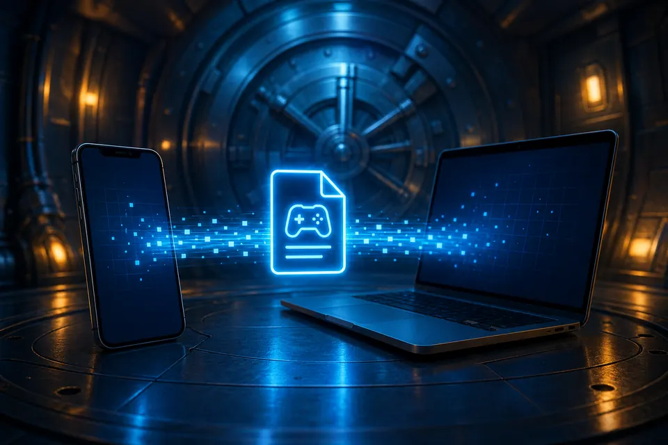 Editorial illustration of a phone and laptop exchanging a Fallout Shelter save file