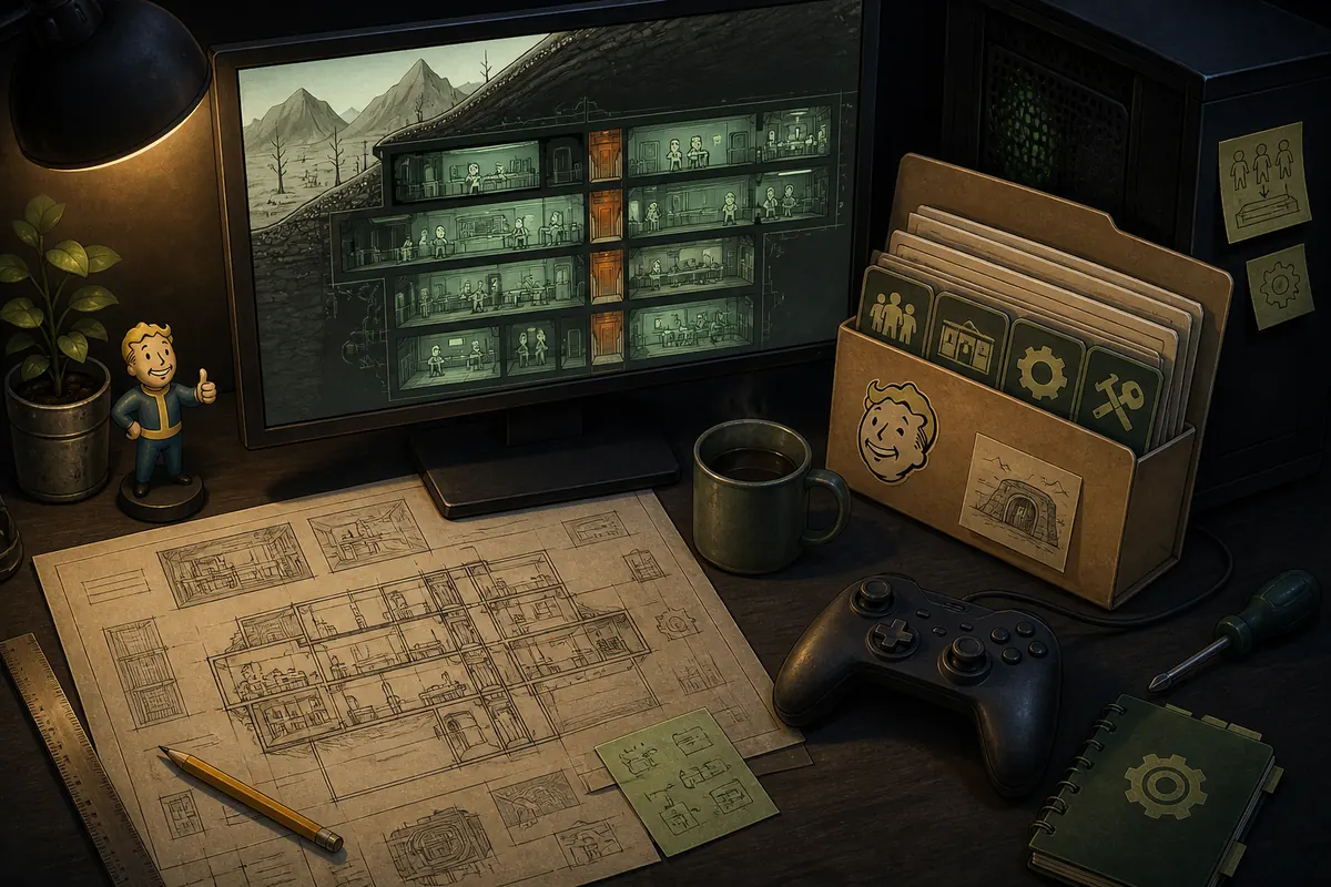 Editorial illustration of a PC workspace for researching Fallout Shelter mods