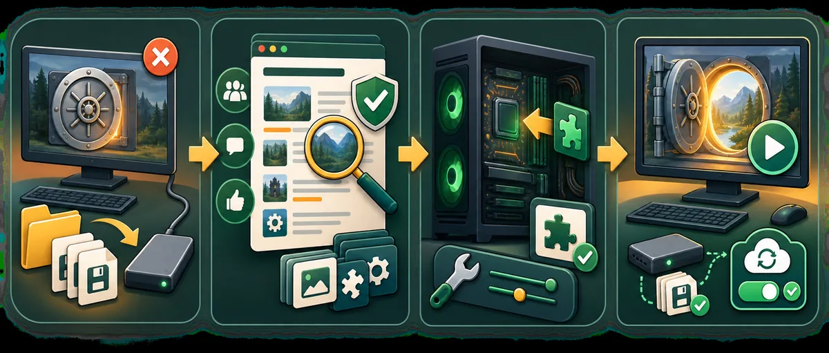 Editorial four-step workflow showing backup, source review, one small mod test, and restore-ready verification