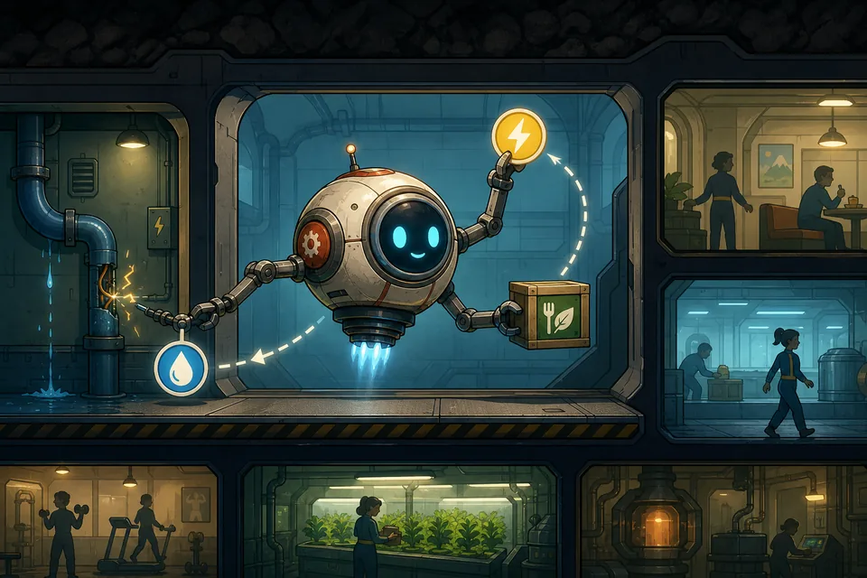 Editorial illustration of a Mr. Handy style vault assistant collecting resources and helping with incidents