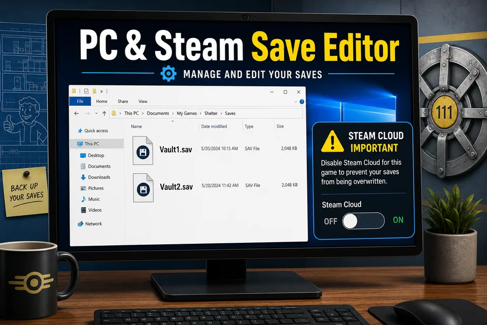 Windows Fallout Shelter PC and Steam save editor workflow showing Vault1.sav and Steam Cloud overwrite warning