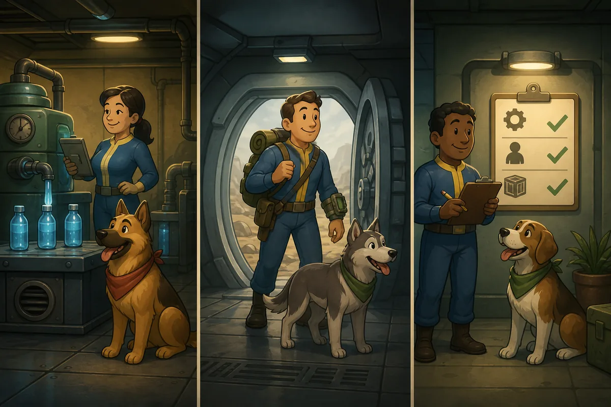 Editorial illustration comparing Fallout Shelter pet use in a production room, exploration, and an objective