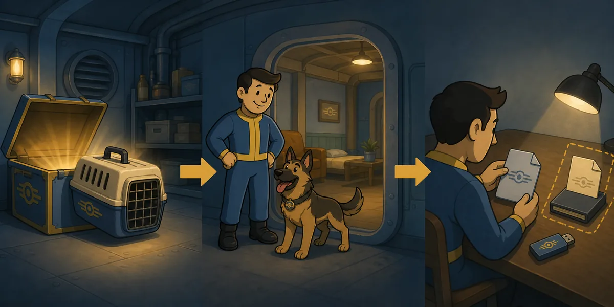 Editorial illustration showing a Fallout Shelter pet carrier, pet assignment, and copied-save test workflow