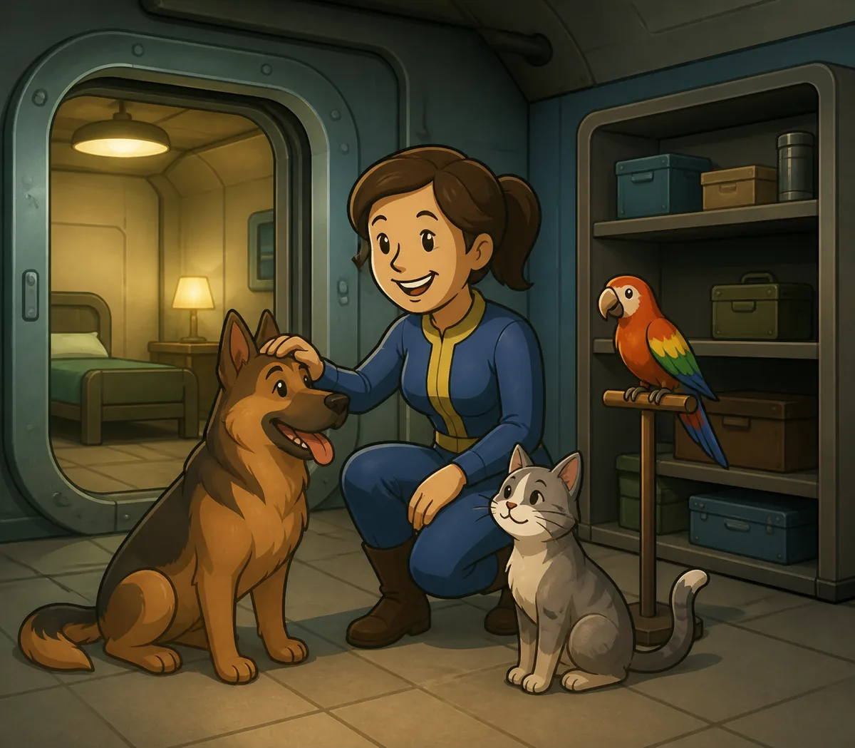 Editorial illustration of a Fallout Shelter dweller with dog, cat, and parrot companions inside a vault