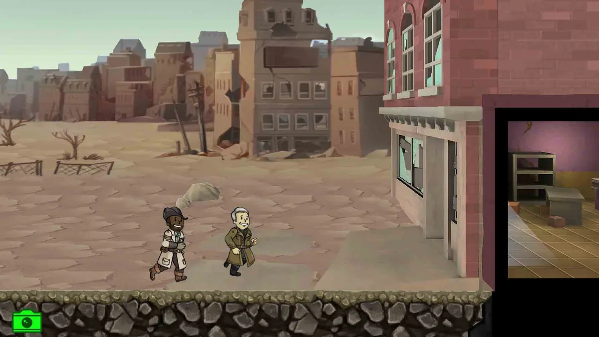 Official Fallout Shelter screenshot showing two dwellers exploring an above-ground quest location