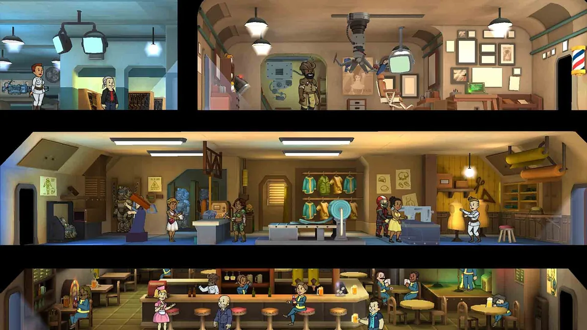 Official Fallout Shelter screenshot showing production and living rooms arranged across several floors