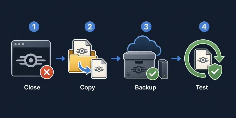 Four-step Fallout Shelter save backup flow: close, copy, backup, and test