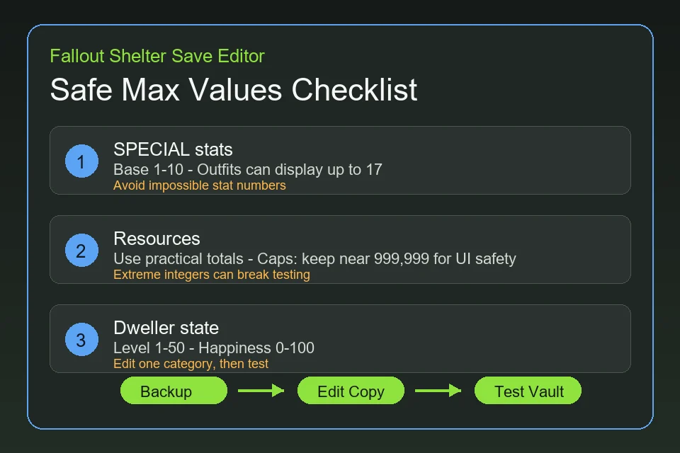 Fallout Shelter save editor safe max values checklist for SPECIAL stats, resources, and dweller state