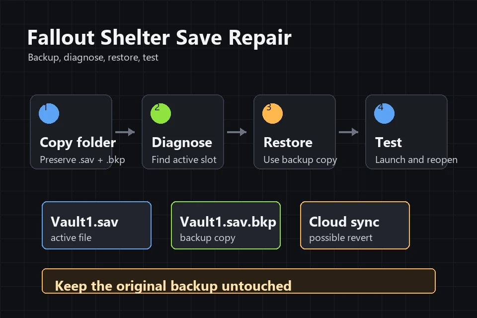 Fallout Shelter save repair workflow showing copy folder, diagnose file, restore backup, and test vault steps