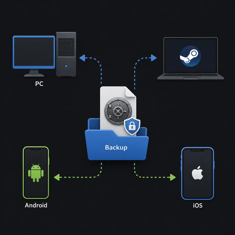 Editorial map showing a protected Fallout Shelter backup folder used between PC, Steam, Android, and iOS devices