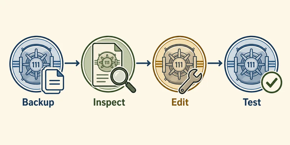 Editorial timeline showing Backup, Inspect, Edit, and Test steps for Fallout Shelter Season Pass save data