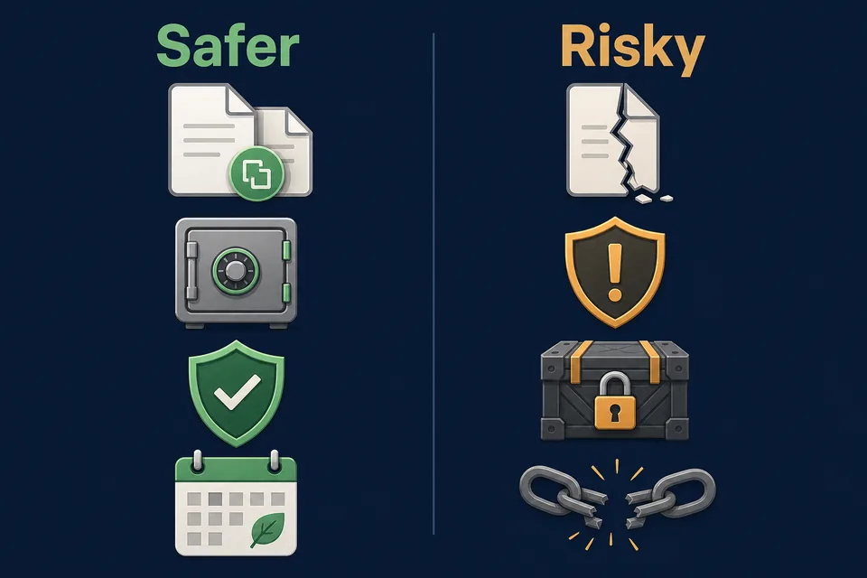 Comparison graphic showing safer copied-save checks versus risky premium-bypass attempts