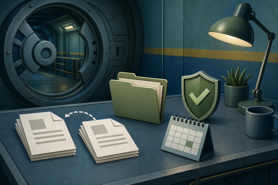 Editorial illustration of a copied Fallout Shelter save file, backup folder, calendar, and caution shield