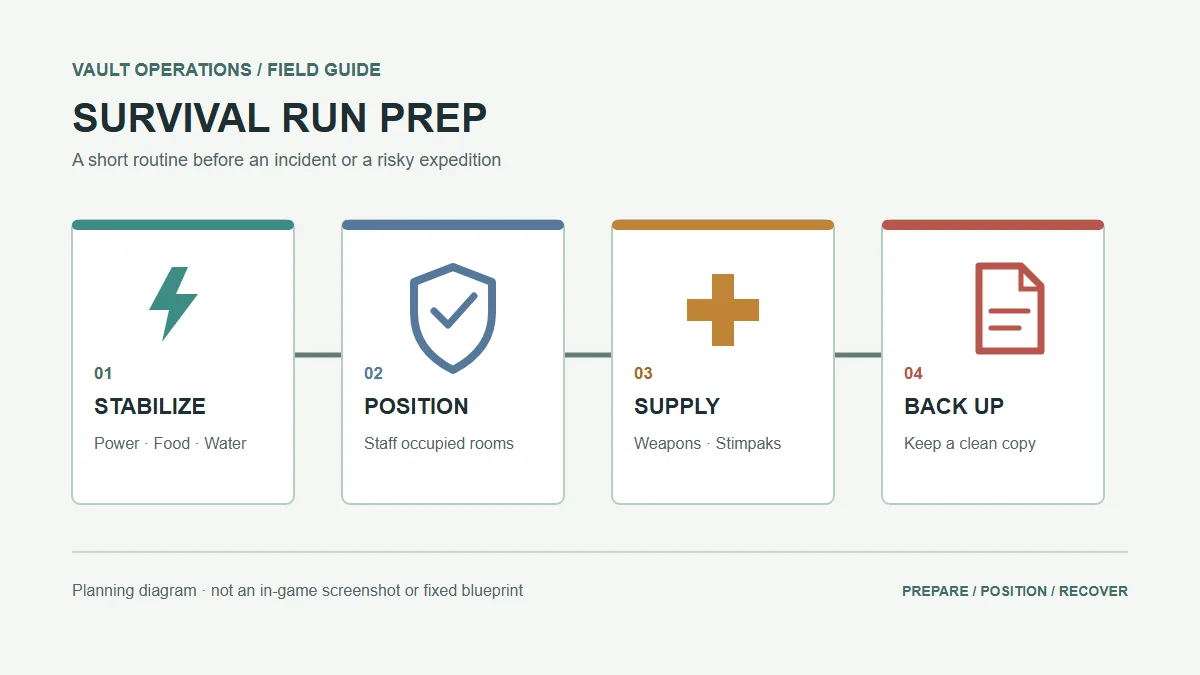 Four-step Survival vault preparation flow: stabilize resources, position dwellers, prepare supplies, and keep a backup