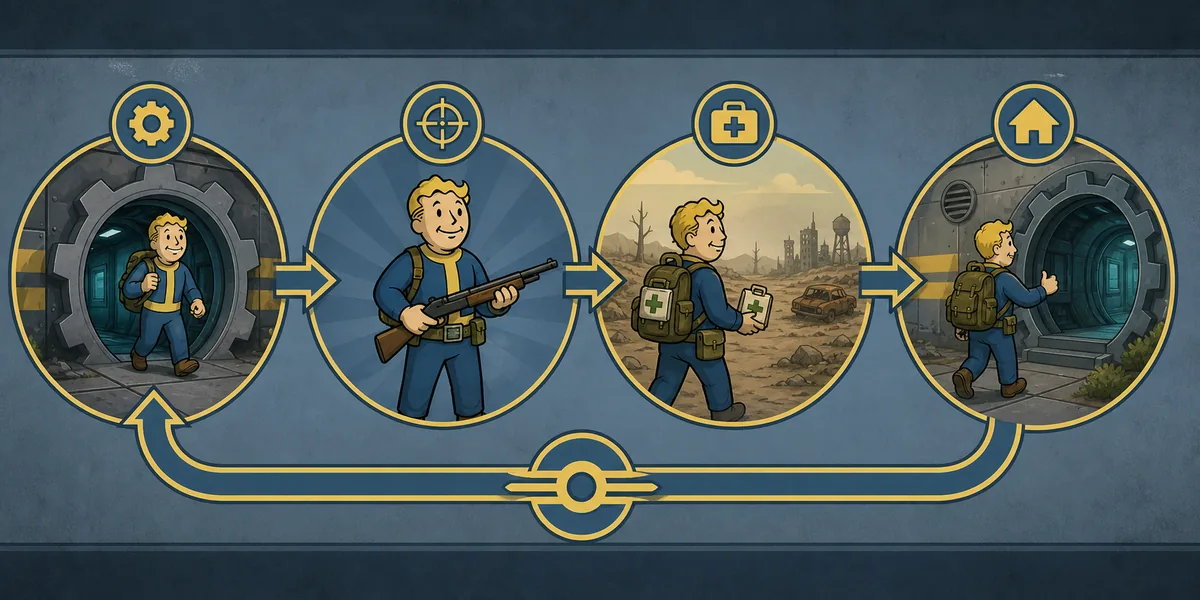 Editorial diagram showing Fallout Shelter wasteland explorer preparation, supplies, exploration, and return