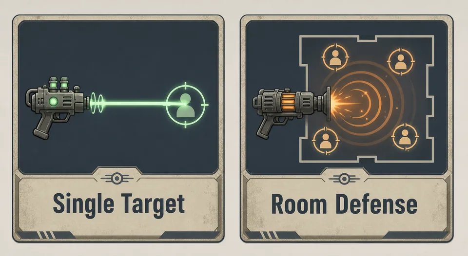 Editorial comparison of Fallout Shelter single target weapons and room defense weapon choices