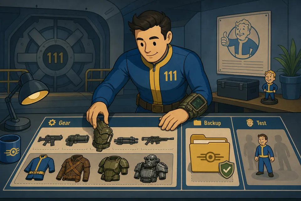 Editorial illustration of Fallout Shelter weapon and outfit planning with backup and test steps